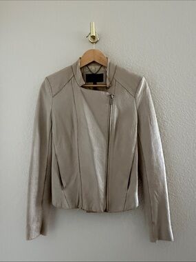 BCBG Taupe Pebbled Leather Asymmetrical Moto Jacket